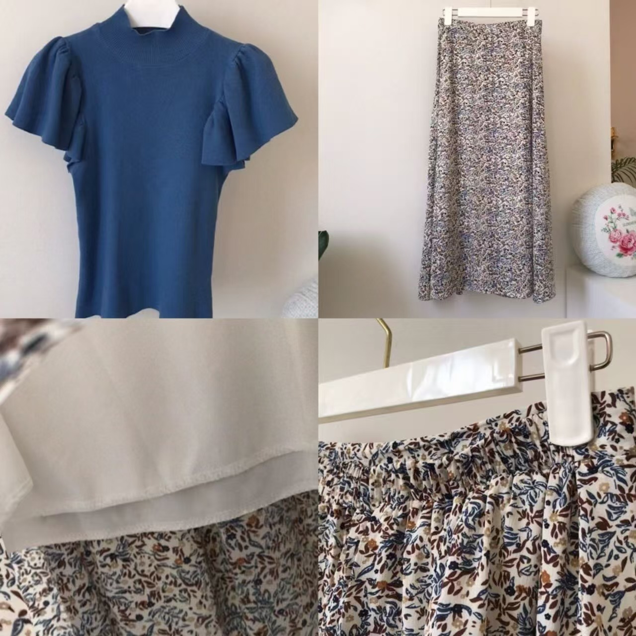 骨格ウェーブ フリルニットトップス&ハイウエスト花柄フレアスカートセットアップ