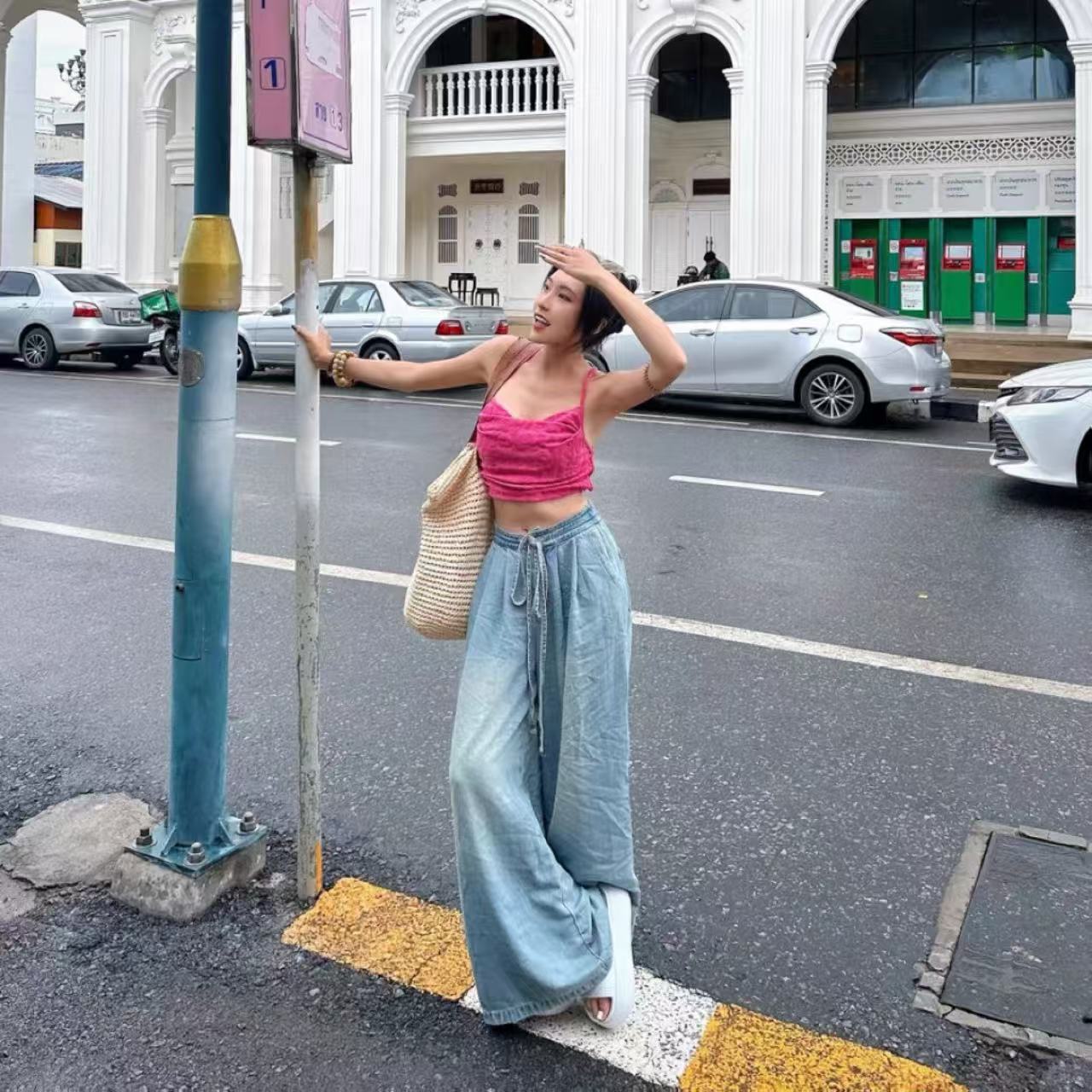 骨格バギーパンツ ウエストゴム レディース デニム ボトムス おしゃれ