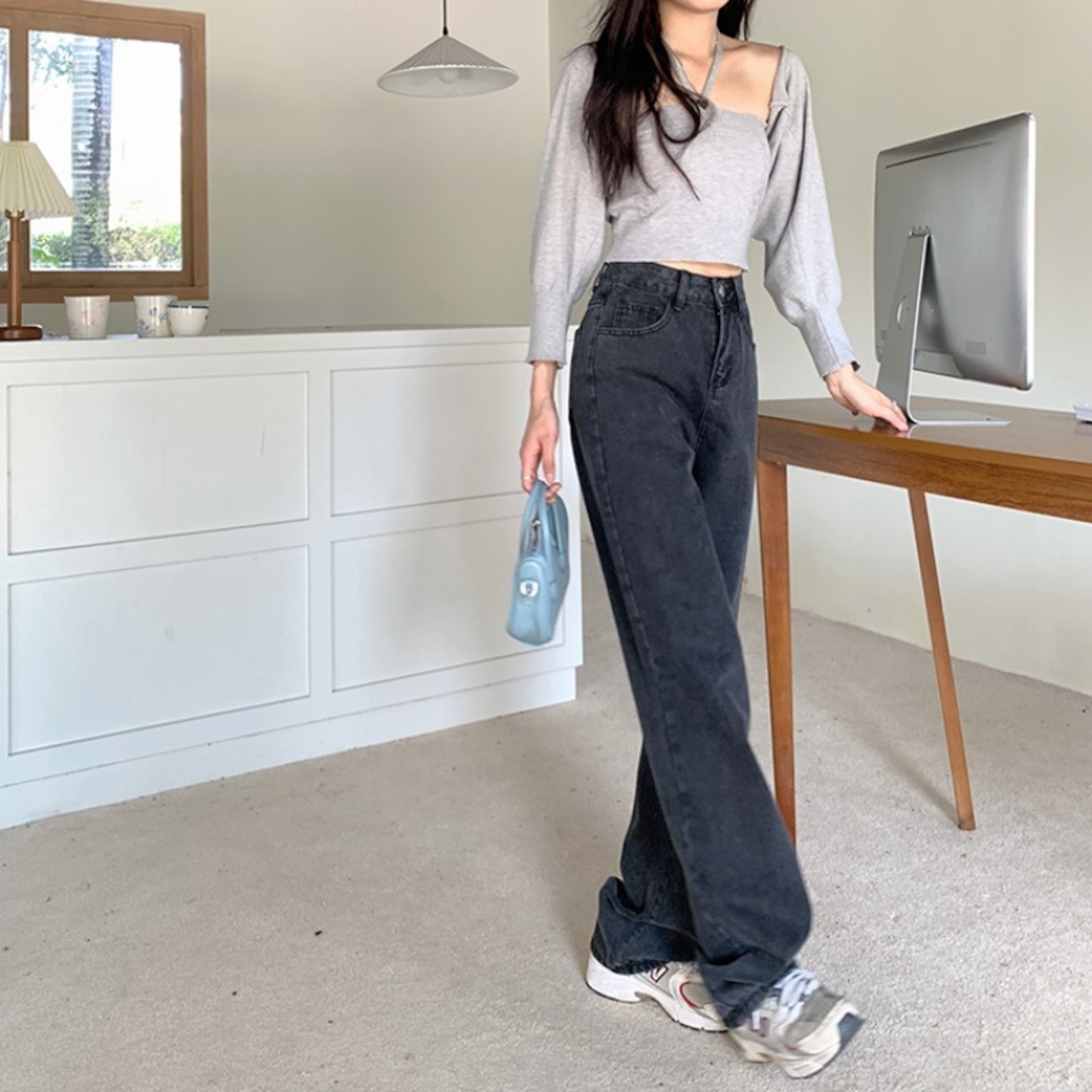 骨格ウェーブ グレーデニム ハイウエスト 美脚ストレート