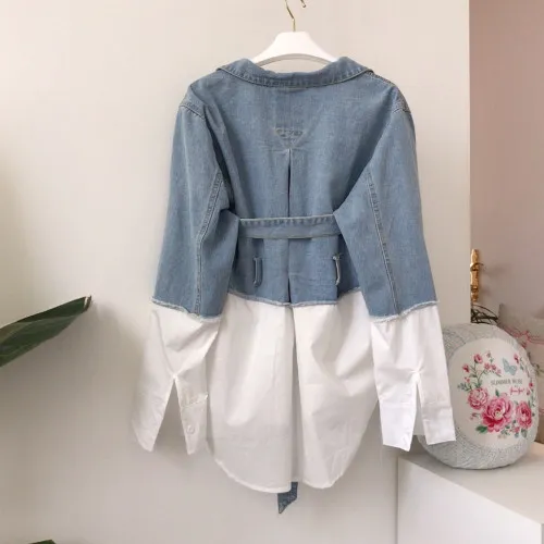 骨格ウェーブ ウエストマーク デニムシャツ レイヤード風