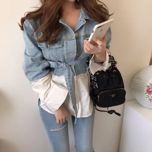 骨格ウェーブ ウエストマーク デニムシャツ レイヤード風