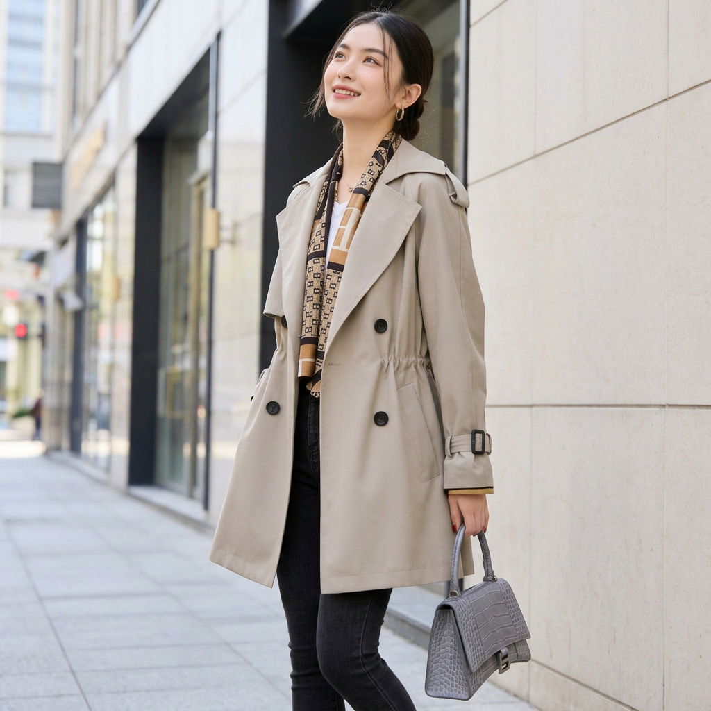 骨格ウェーブ ウエストマーク ハーフ丈トレンチコート