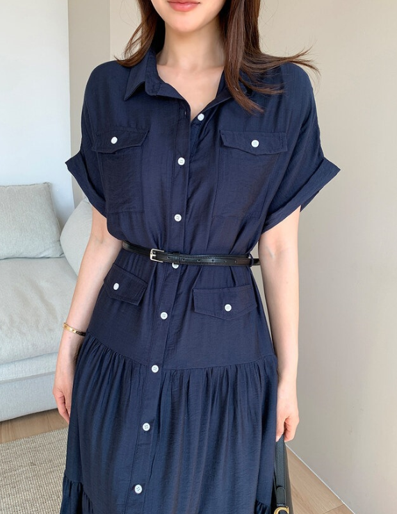 骨格ウェーブ 華奢見えフィット＆フレア ロングシャツワンピース