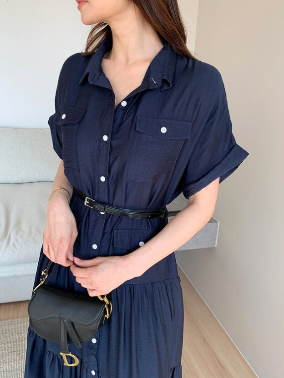 骨格ウェーブ 華奢見えフィット＆フレア ロングシャツワンピース
