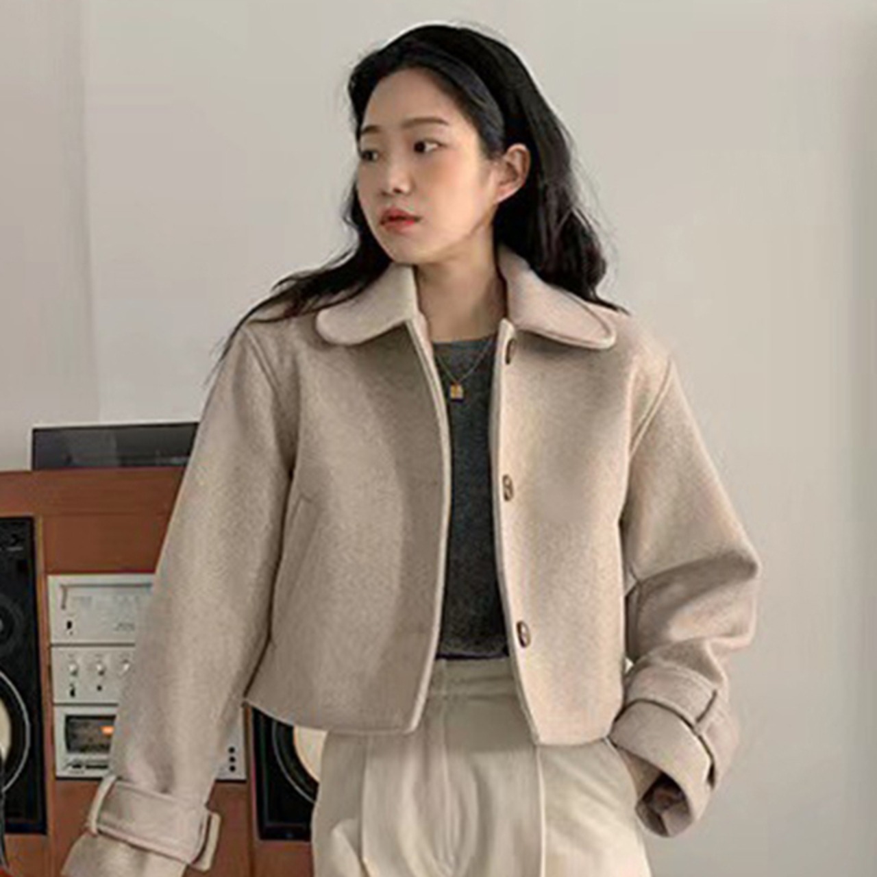 骨格ウェーブ ドールカラー メルトン調コート ゆったり レトロキュート