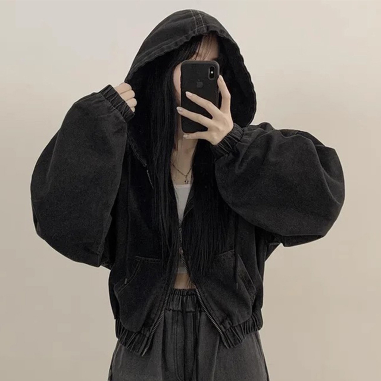 骨格ウェーブ 韓国シック デニムジャケット ジップ付き 長袖 フード ショート丈 カジュアル