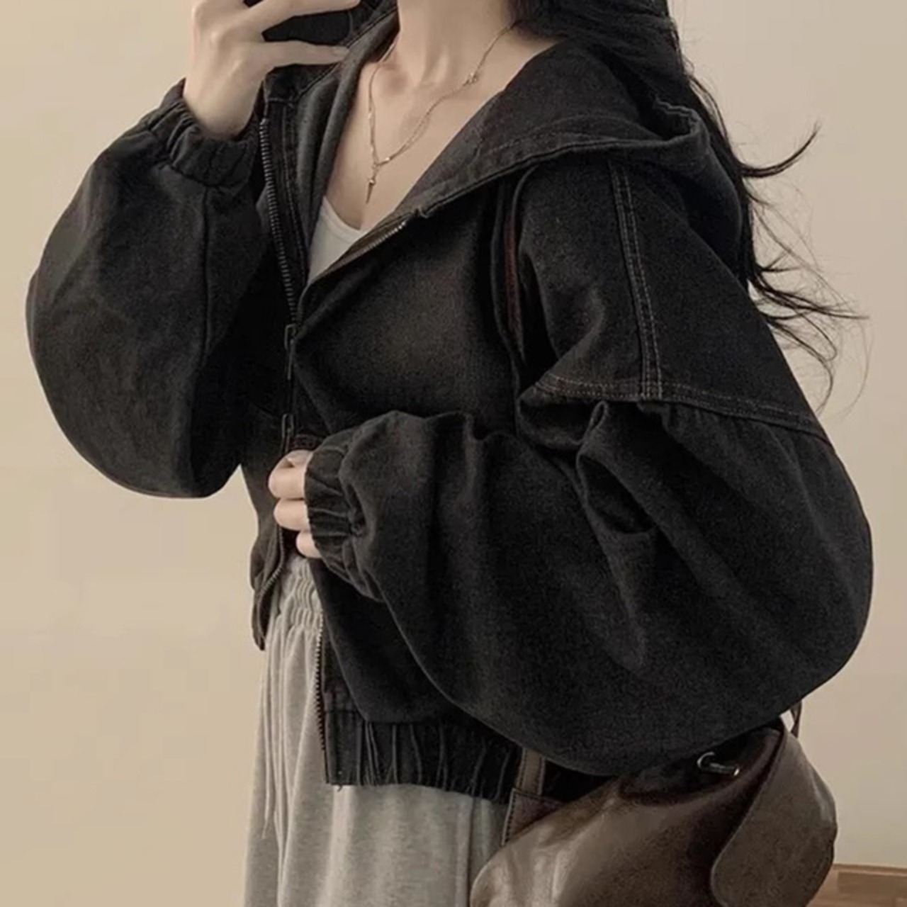 骨格ウェーブ 韓国シック デニムジャケット ジップ付き 長袖 フード ショート丈 カジュアル