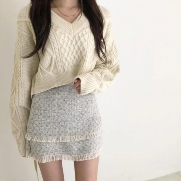 骨格ウェーブ バックリボン Vネック ケーブルニット