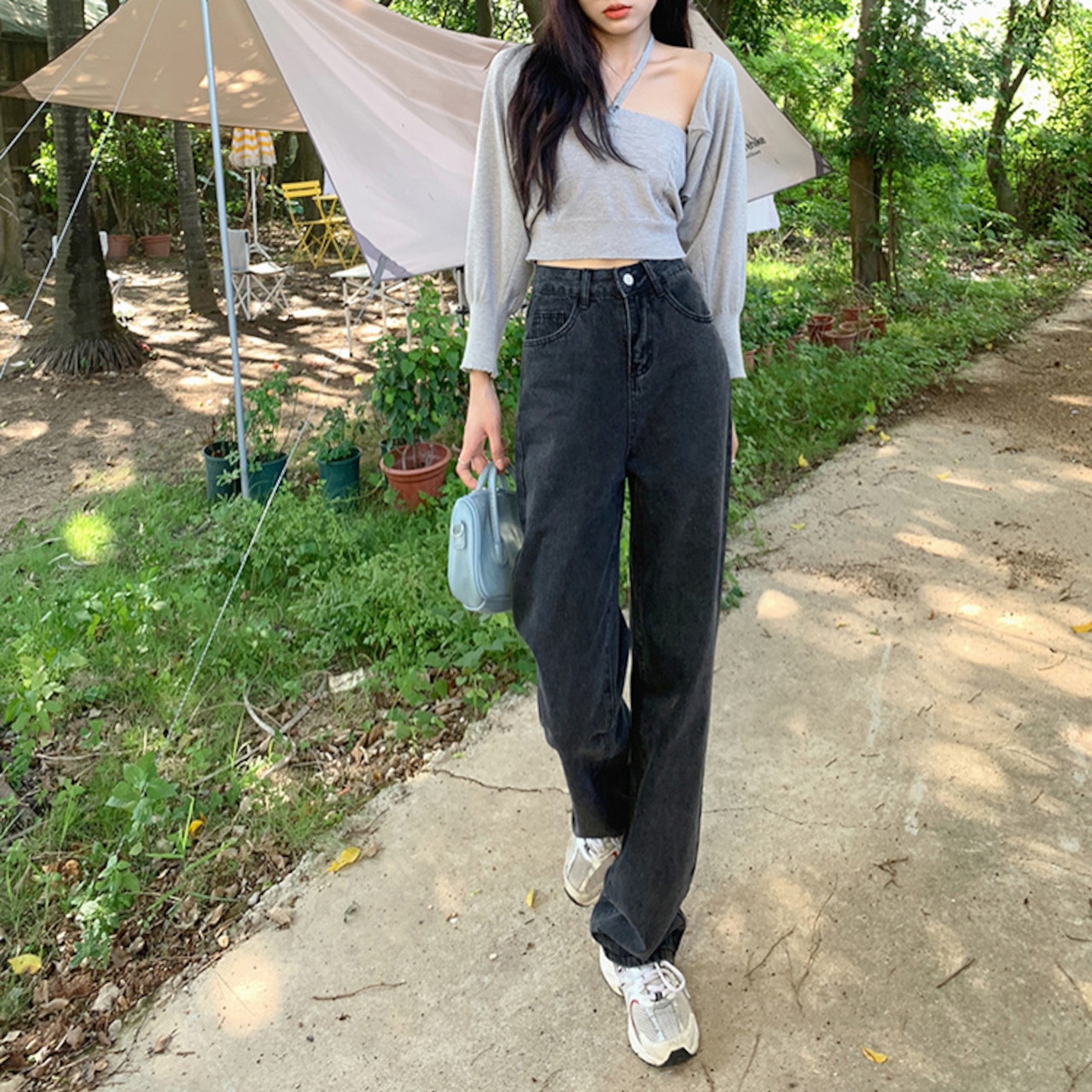 骨格ウェーブ グレーデニム ハイウエスト 美脚ストレート