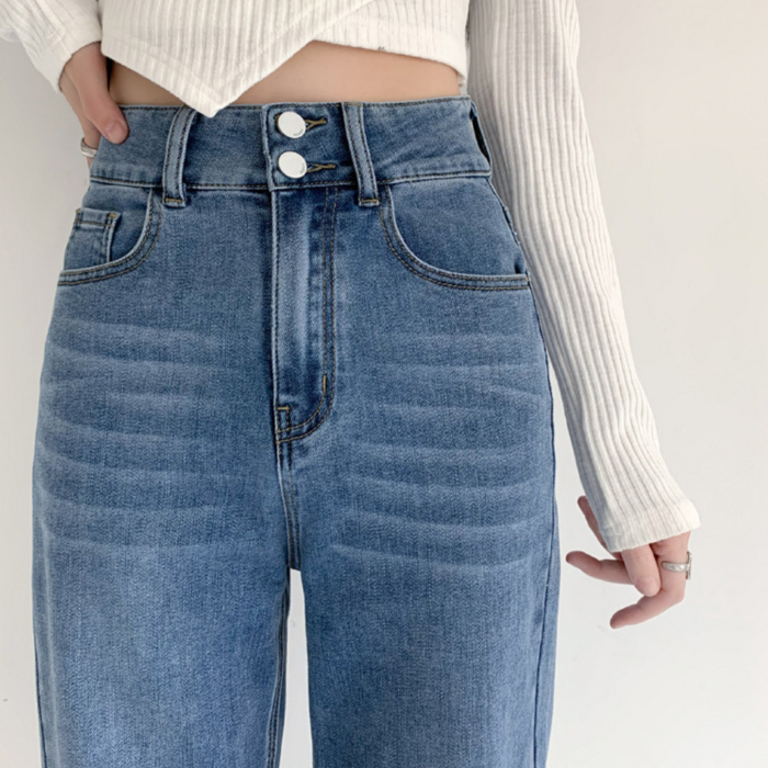 骨格ウェーブ ハイウエスト 着痩せ効果デニムジーンズ