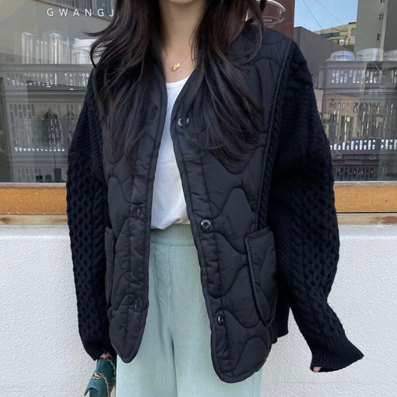 骨格ウェーブ ニットキルティングジャケット 配色切替 Vネック おしゃれ ゆったり