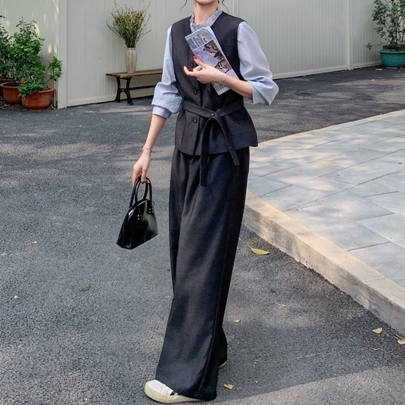 骨格ウェーブ ベスト＋トップス＋ワイドパンツ 3点セットアップ 上品 オフィスカジュアル