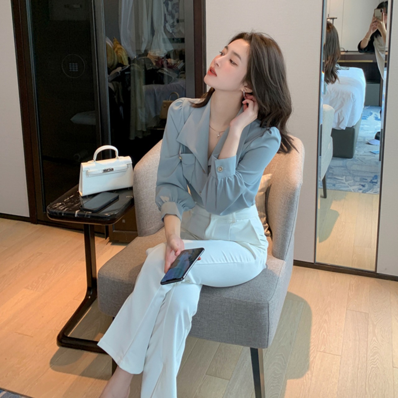 骨格ウェーブ ふんわりシフォン×ビッグカラー シャツブラウス