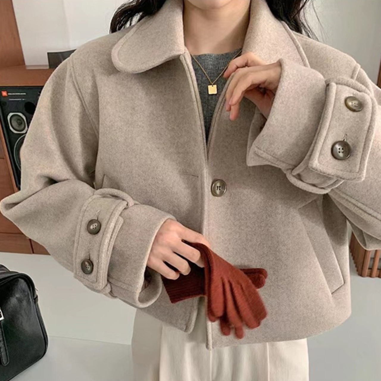 骨格ウェーブ ドールカラー メルトン調コート ゆったり レトロキュート