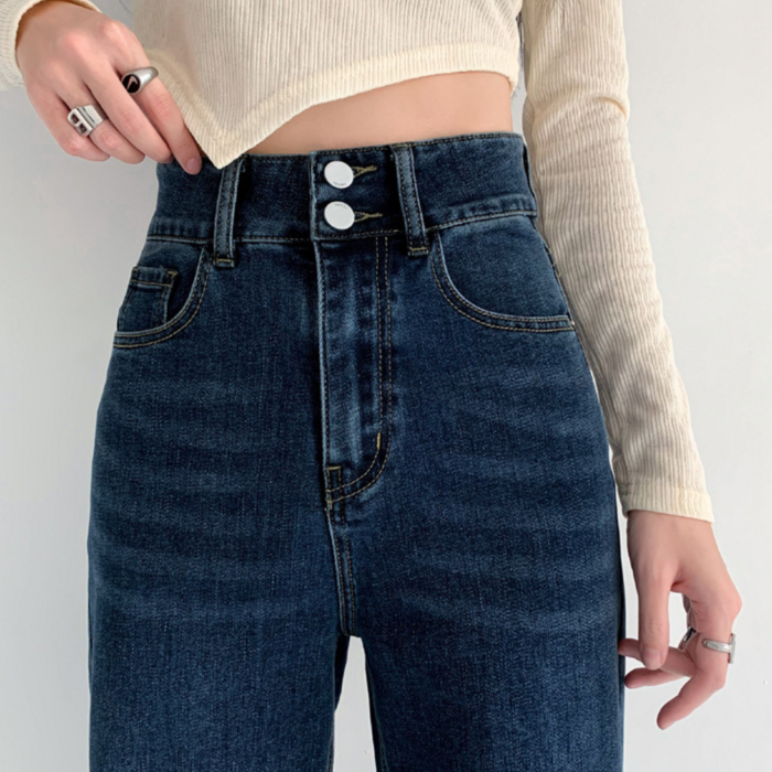 骨格ウェーブ ハイウエスト 着痩せ効果デニムジーンズ