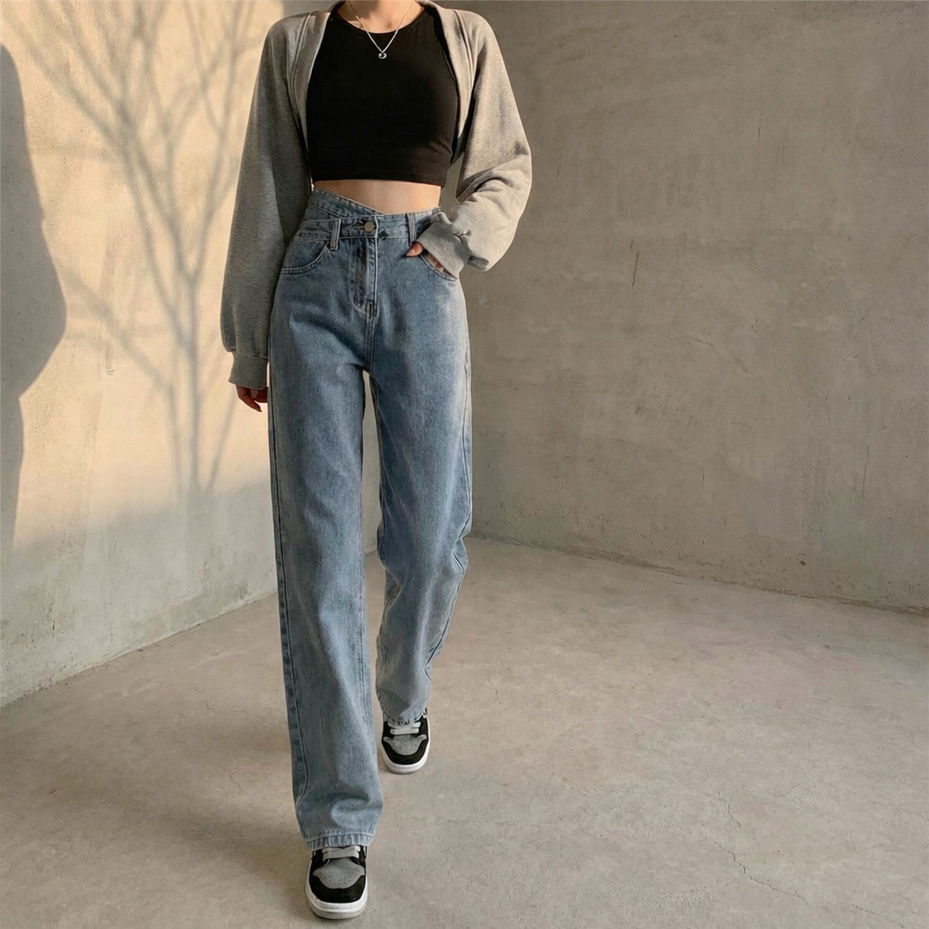 骨格ウェーブ クロスウエスト 着痩せ効果 デニムパンツ