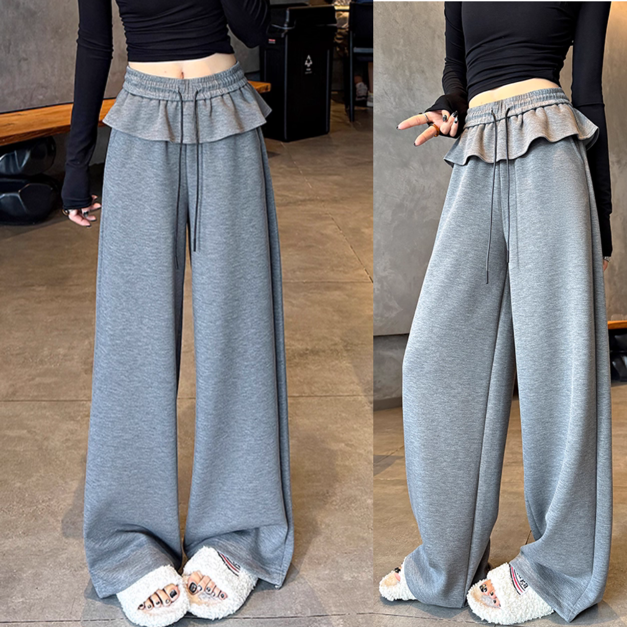 骨格ウェーブ フリル切替 ワイドパンツ ハイウエスト ゴム入り ゆったり