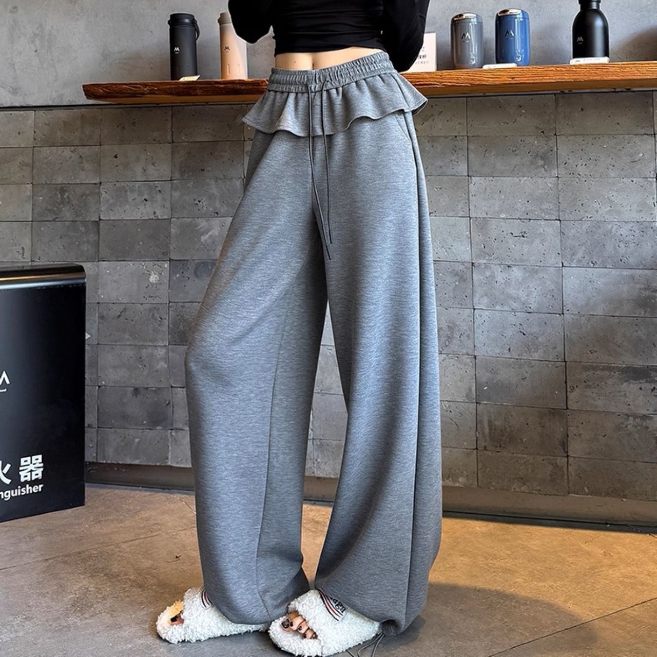 骨格ウェーブ フリル切替 ワイドパンツ ハイウエスト ゴム入り ゆったり