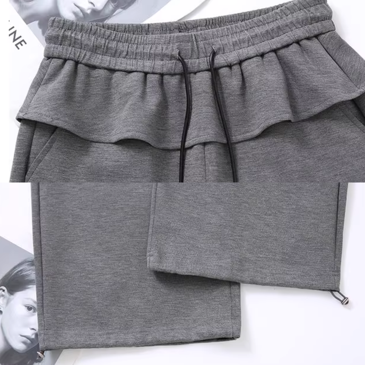 骨格ウェーブ フリル切替 ワイドパンツ ハイウエスト ゴム入り ゆったり