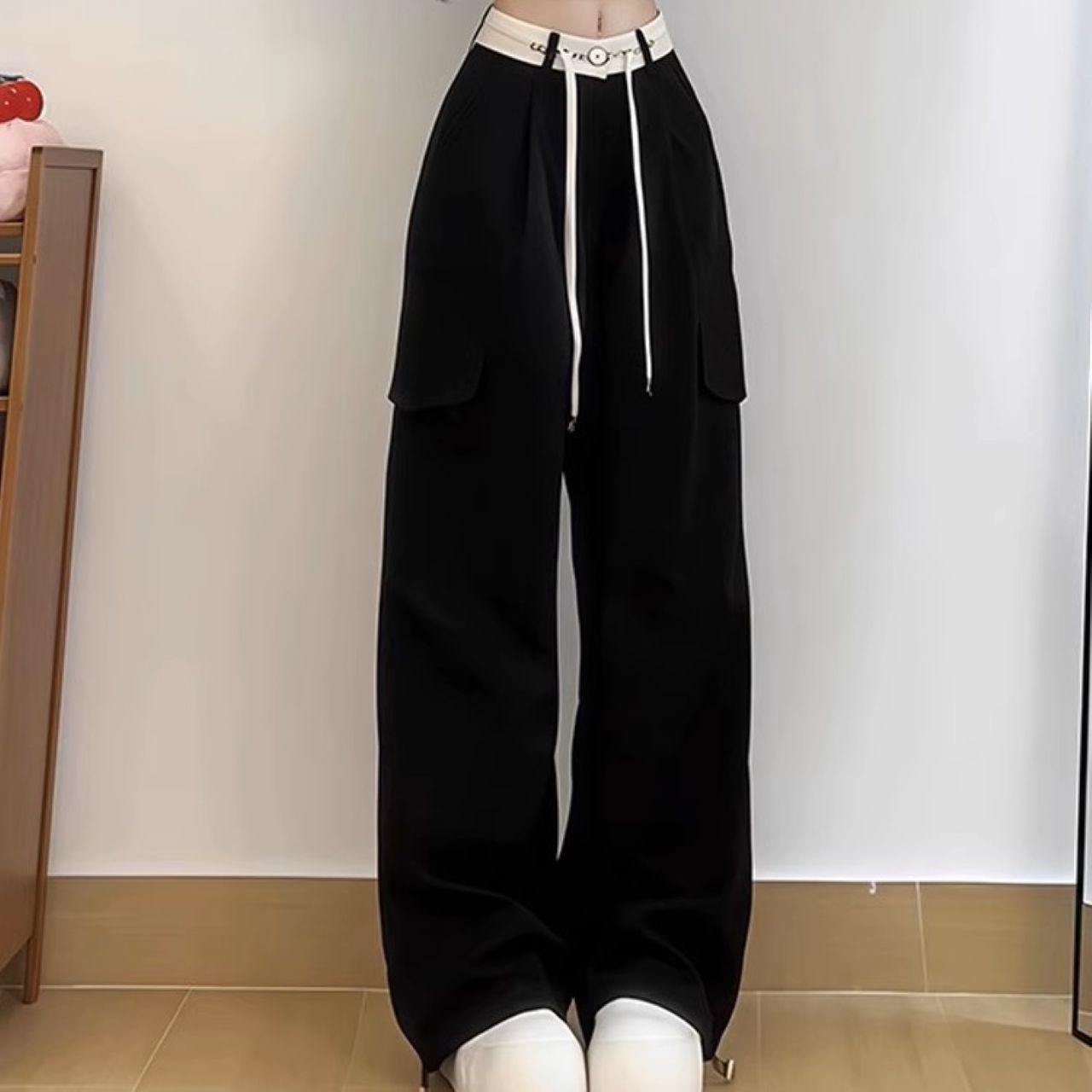 骨格ウェーブ ハイウエスト ワイドパンツ ブラック 脚長見え カジュアル ロング丈