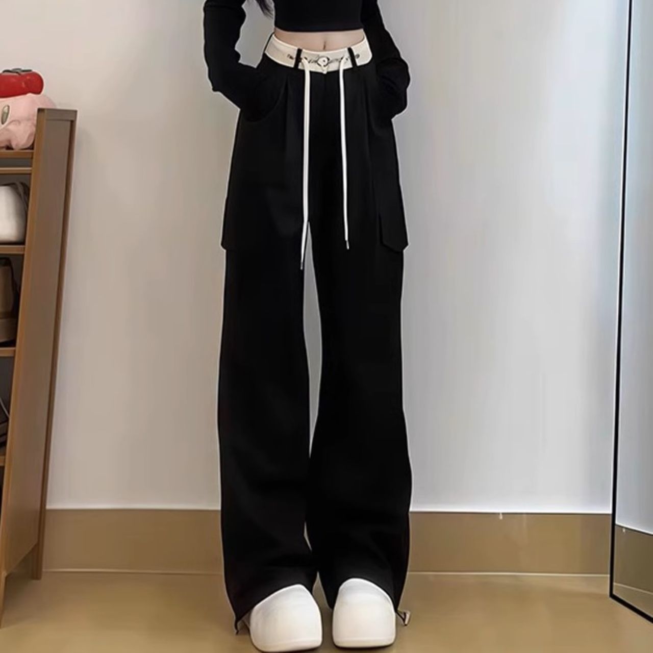 骨格ウェーブ ハイウエスト ワイドパンツ ブラック 脚長見え カジュアル ロング丈