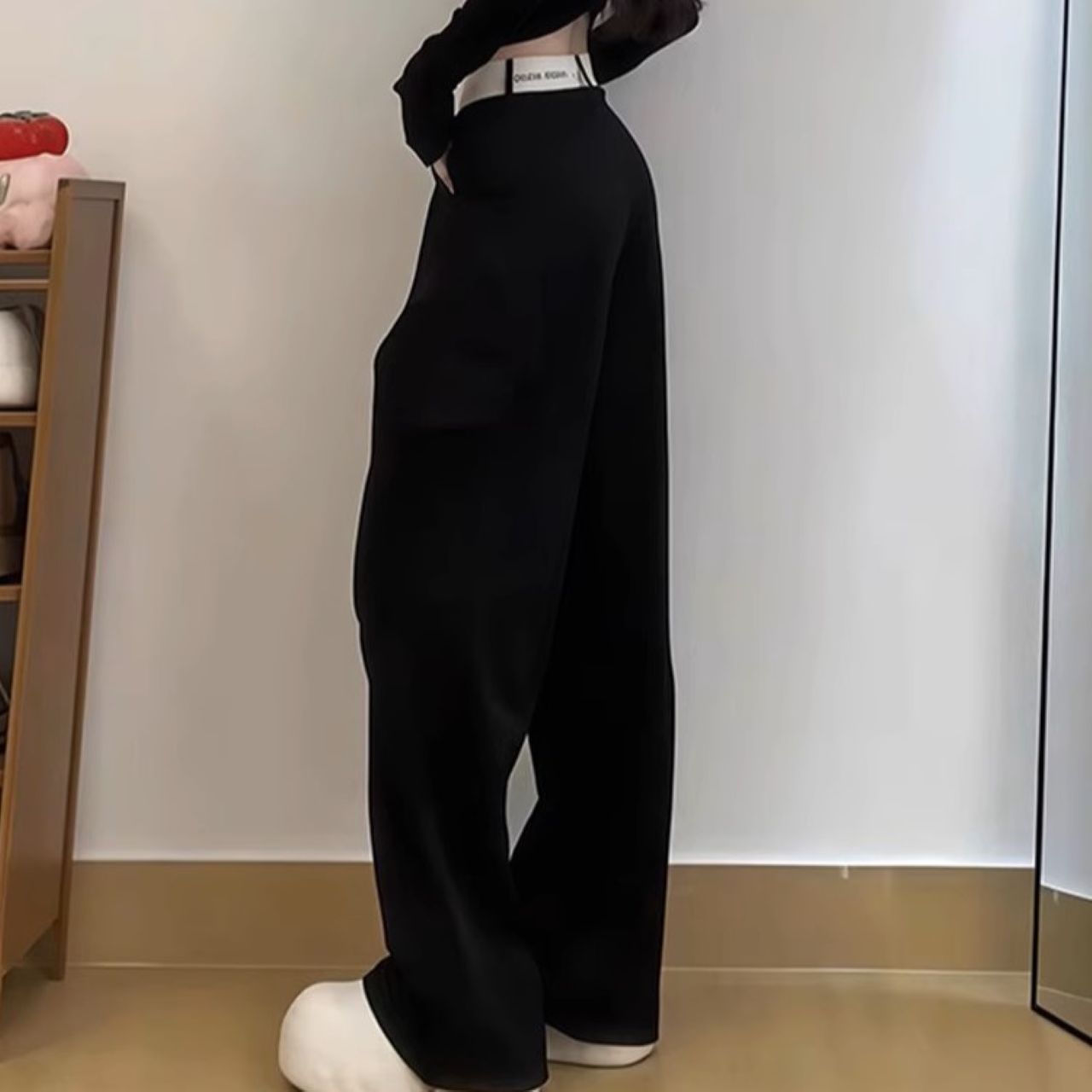 骨格ウェーブ ハイウエスト ワイドパンツ ブラック 脚長見え カジュアル ロング丈