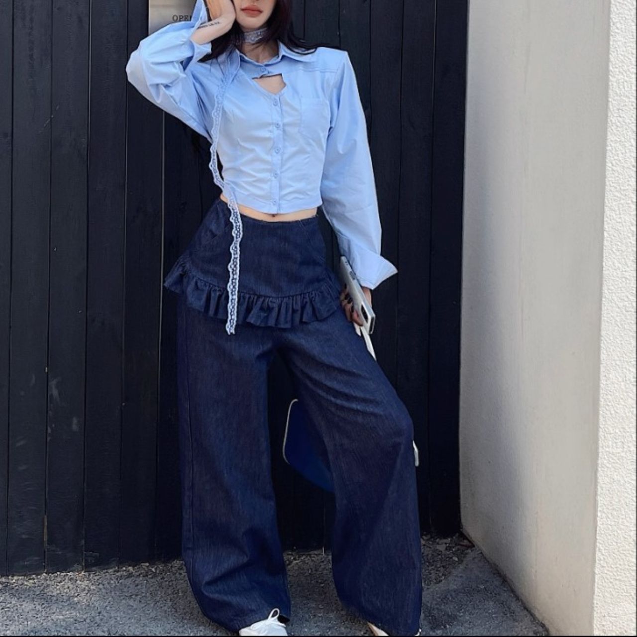 骨格ウェーブ フェイクレイヤード デニムパンツ フリルデザイン ジーンズ ハイウエスト