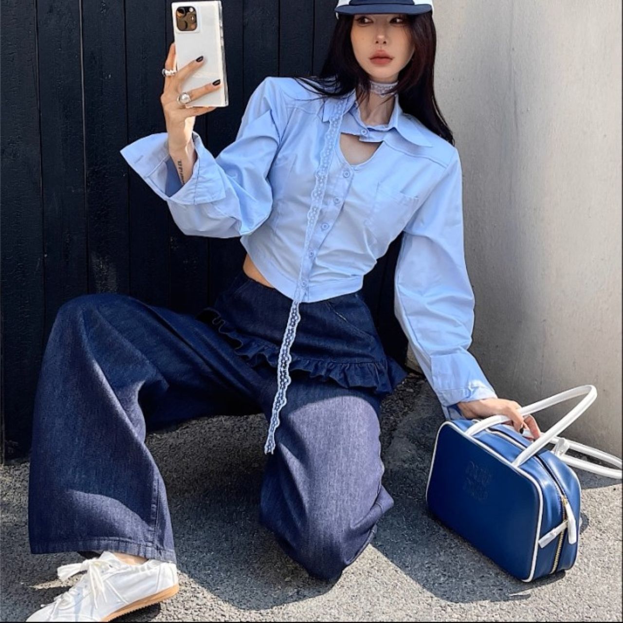 骨格ウェーブ フェイクレイヤード デニムパンツ フリルデザイン ジーンズ ハイウエスト