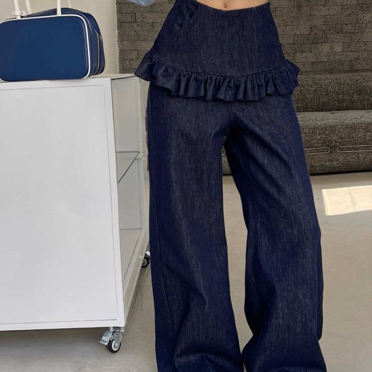 骨格ウェーブ フェイクレイヤード デニムパンツ フリルデザイン ジーンズ ハイウエスト