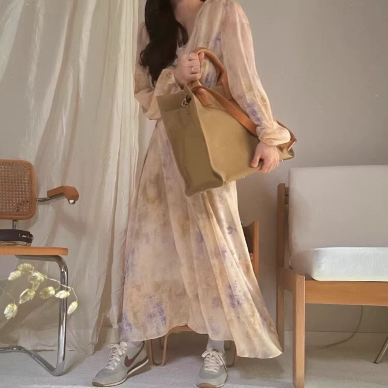 骨格ウェーブ エレガント シフォンワンピース Vネック 水彩プリント 長袖 ロング丈