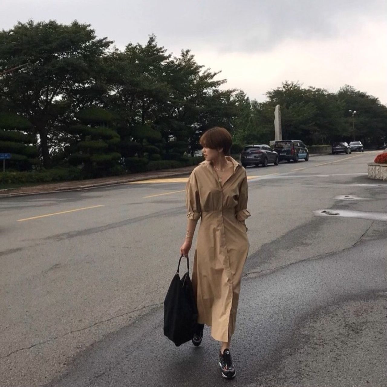 骨格ウェーブ 韓国シック シャツワンピース 長袖 ウエストシェイプ フレア ロング丈