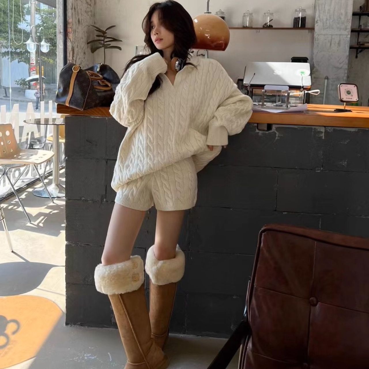 骨格ウェーブ ゆったりケーブル編み ニットトップス＆ショートパンツ 2点セット