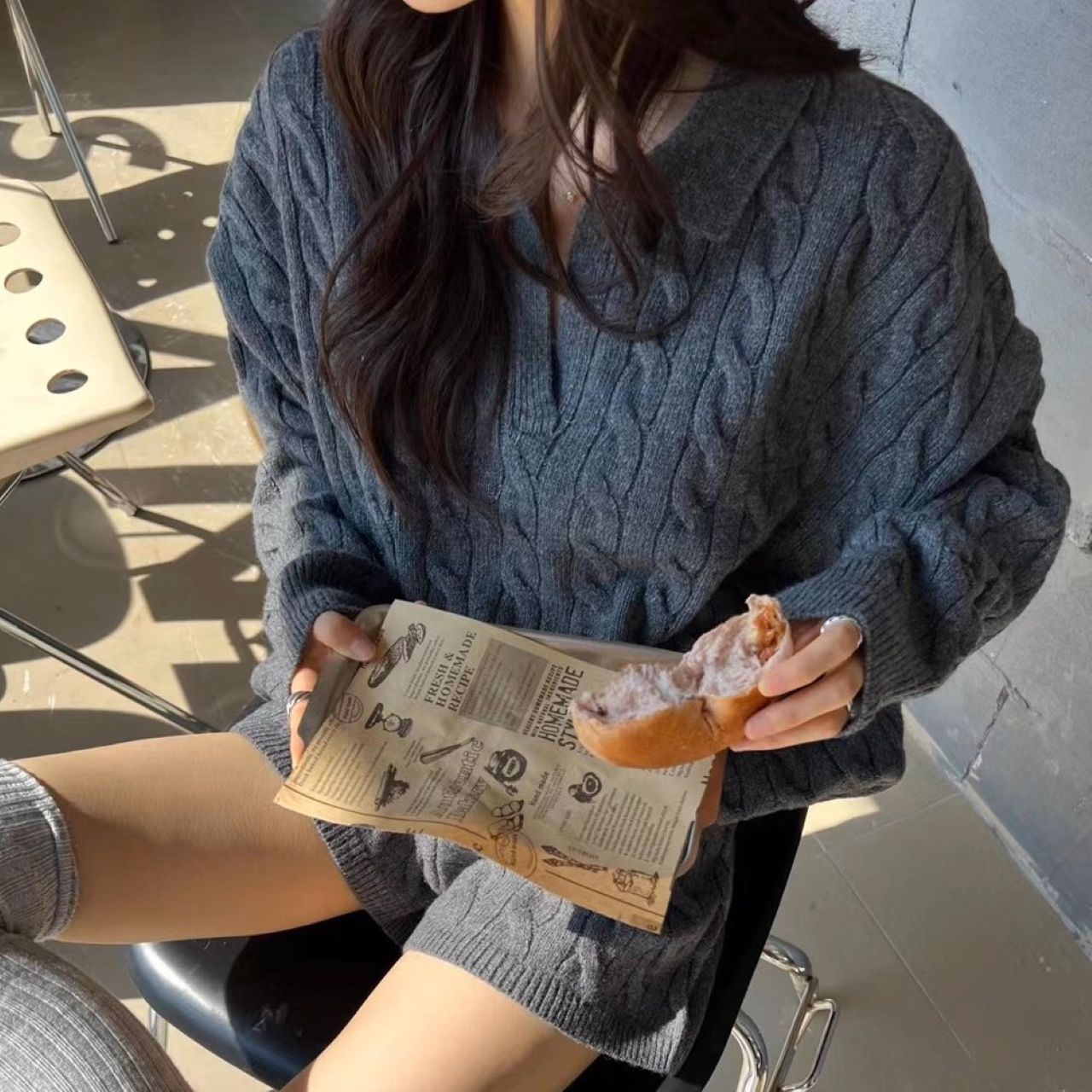 骨格ウェーブ ゆったりケーブル編み ニットトップス&ショートパンツ 2点セット