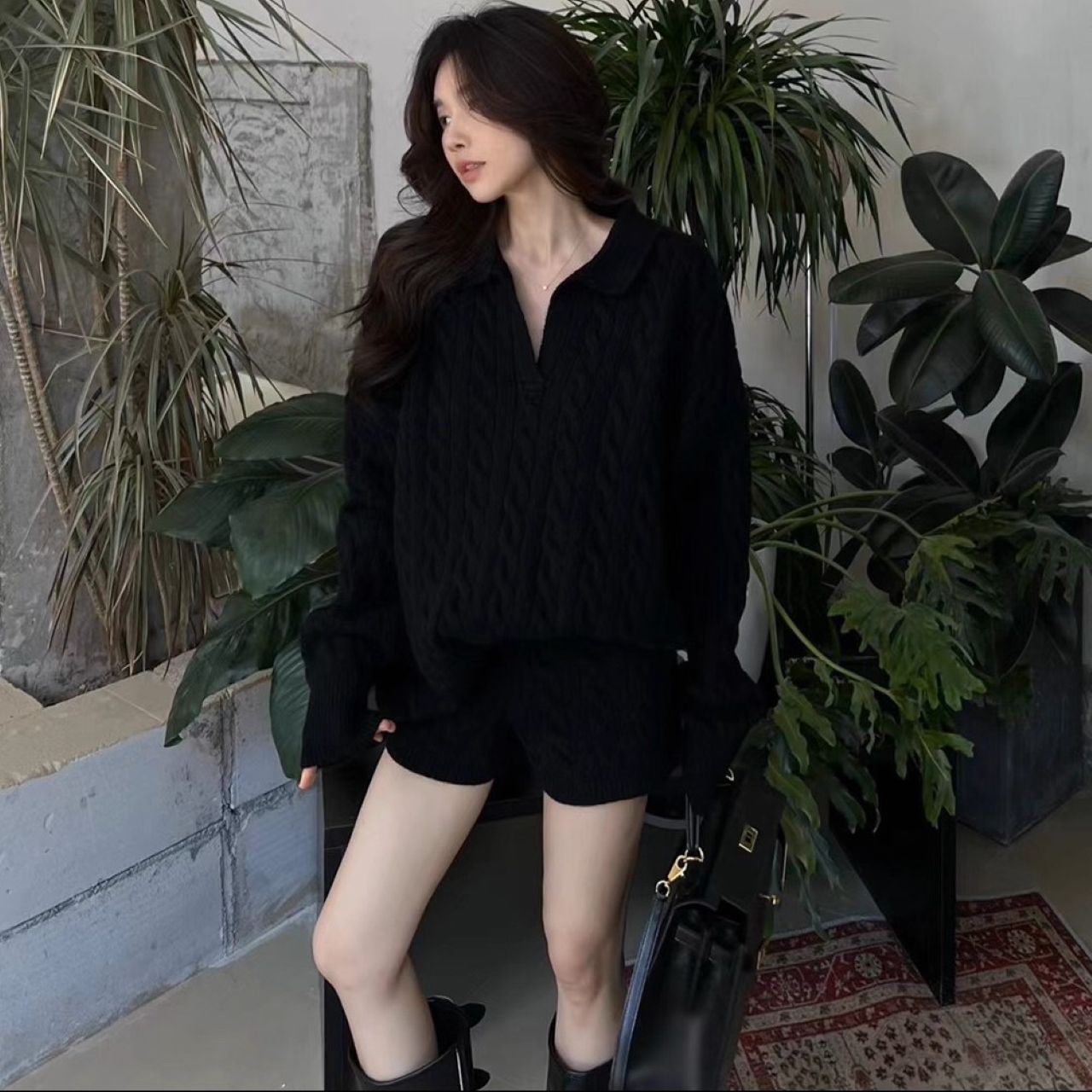 骨格ウェーブ ゆったりケーブル編み ニットトップス&ショートパンツ 2点セット