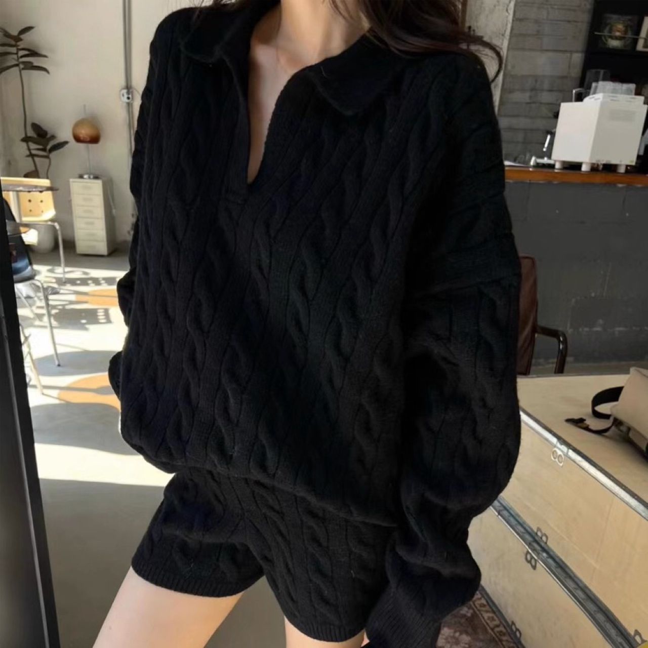 骨格ウェーブ ゆったりケーブル編み ニットトップス&ショートパンツ 2点セット