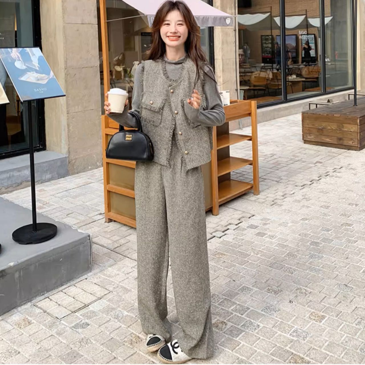 骨格ウェーブ ツイードベスト+トップス+ワイドパンツ 3点セット 高見え 着回し