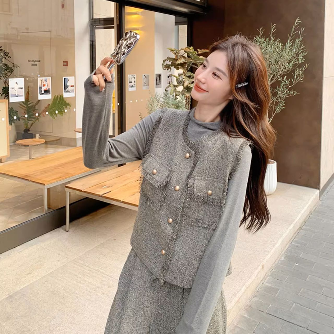 骨格ウェーブ ツイードベスト+トップス+ワイドパンツ 3点セット 高見え 着回し