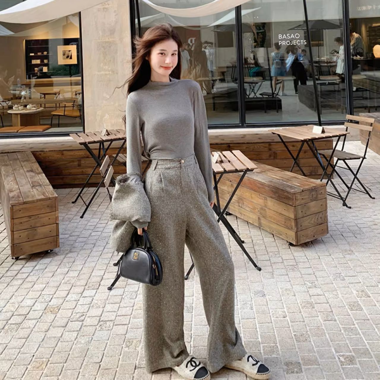 骨格ウェーブ ツイードベスト+トップス+ワイドパンツ 3点セット 高見え 着回し