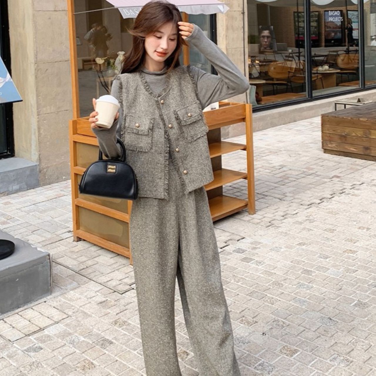 骨格ウェーブ ツイードベスト+トップス+ワイドパンツ 3点セット 高見え 着回し