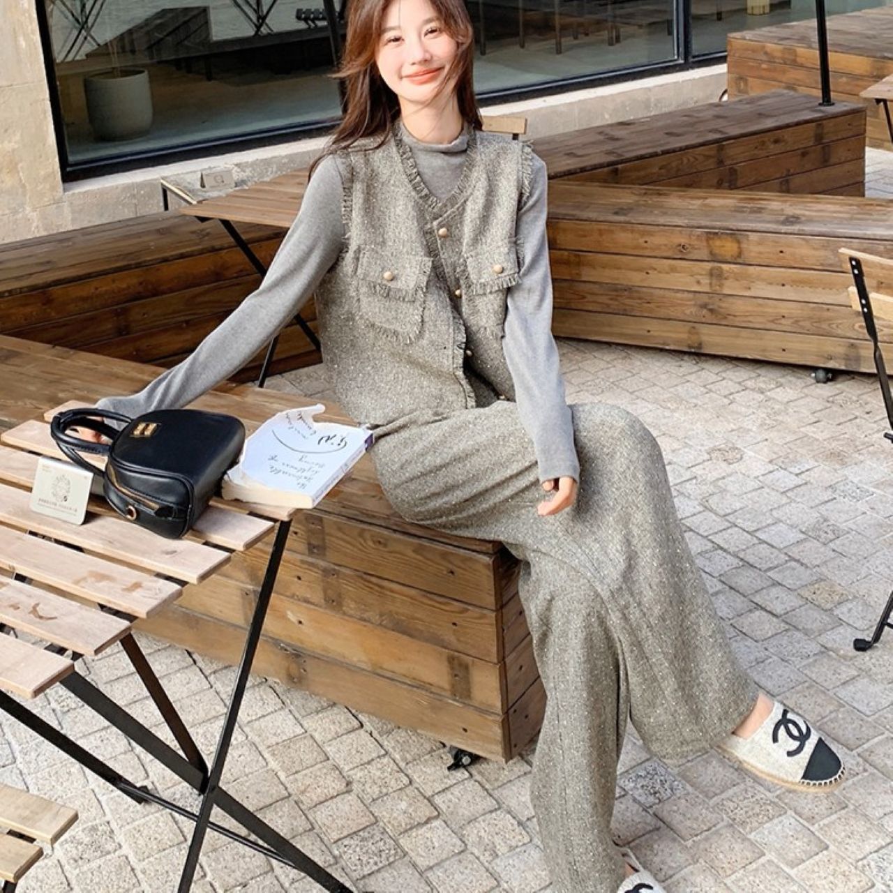 骨格ウェーブ ツイードベスト+トップス+ワイドパンツ 3点セット 高見え 着回し