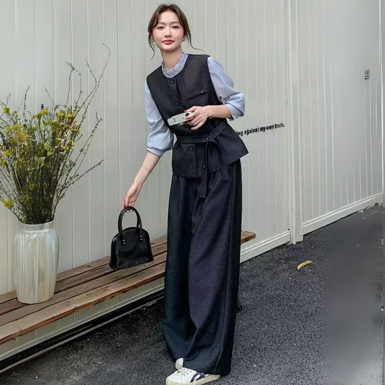 骨格ウェーブ ベスト+トップス+ワイドパンツ 3点セットアップ 上品 オフィスカジュアル