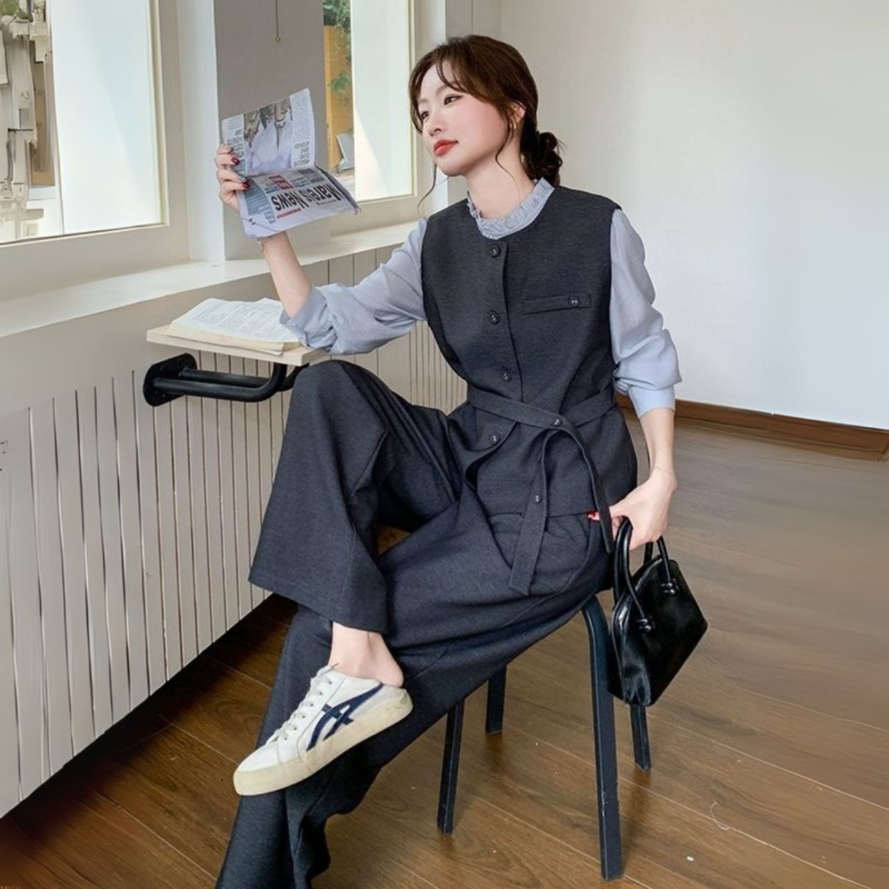 骨格ウェーブ ベスト+トップス+ワイドパンツ 3点セットアップ 上品 オフィスカジュアル