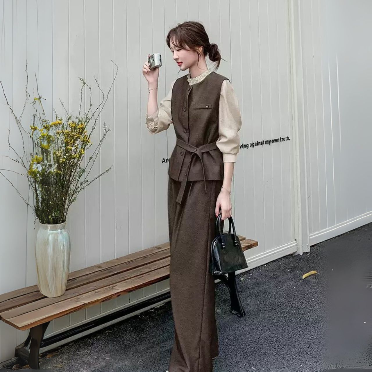 骨格ウェーブ ベスト+トップス+ワイドパンツ 3点セットアップ 上品 オフィスカジュアル