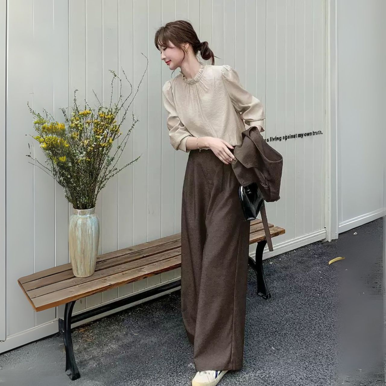 骨格ウェーブ ベスト+トップス+ワイドパンツ 3点セットアップ 上品 オフィスカジュアル