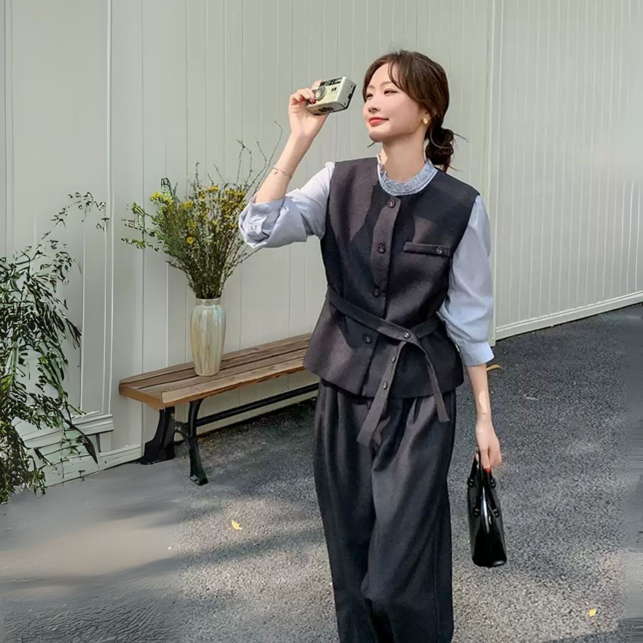 骨格ウェーブ ベスト+トップス+ワイドパンツ 3点セットアップ 上品 オフィスカジュアル