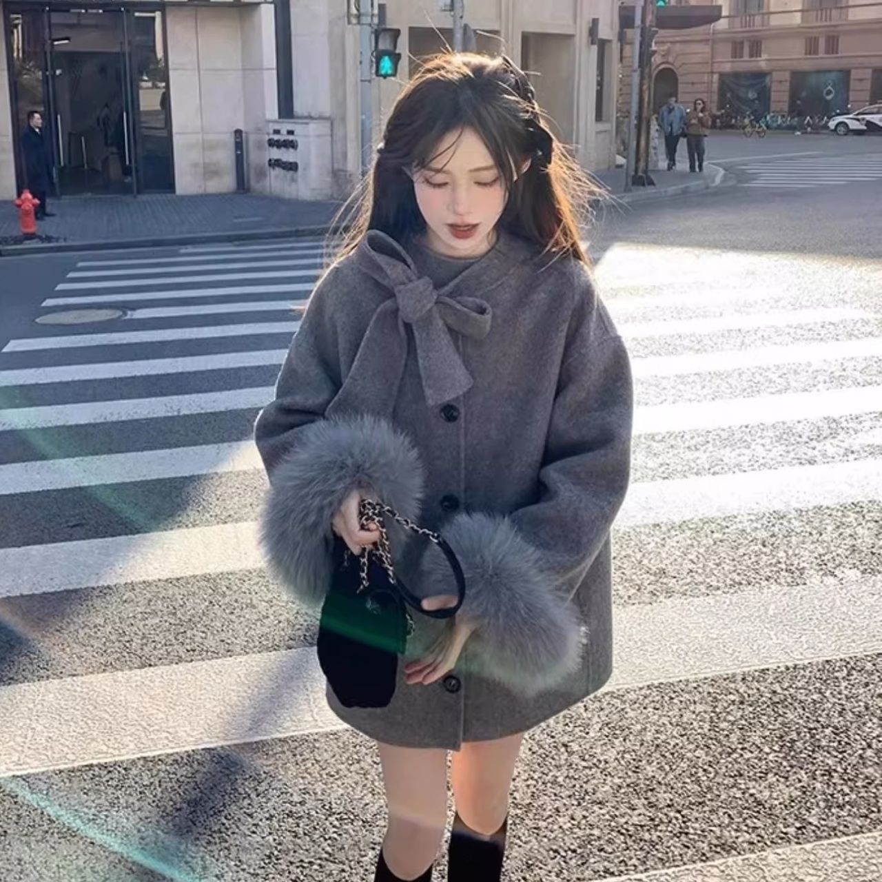 骨格ウェーブ リボン付き ダブルフェイスウールコート 袖口ファー 韓国風 高級感