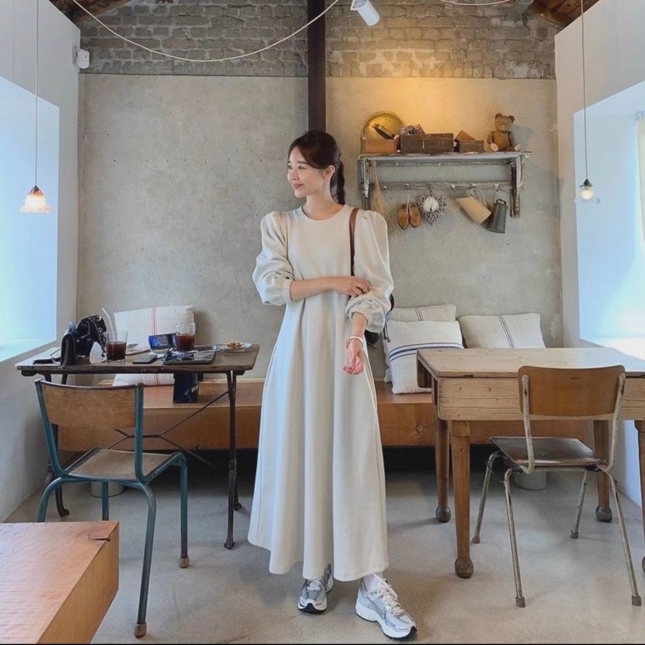 骨格ウェーブ パフスリーブ 長袖ワンピース ロング丈