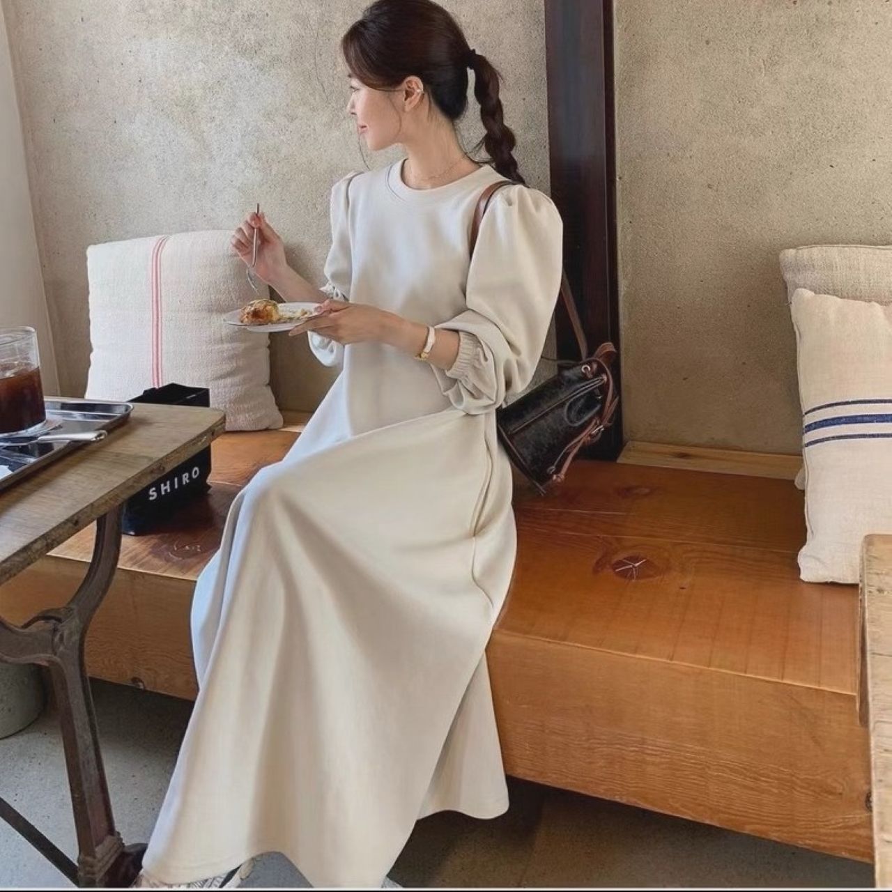 骨格ウェーブ パフスリーブ 長袖ワンピース ロング丈