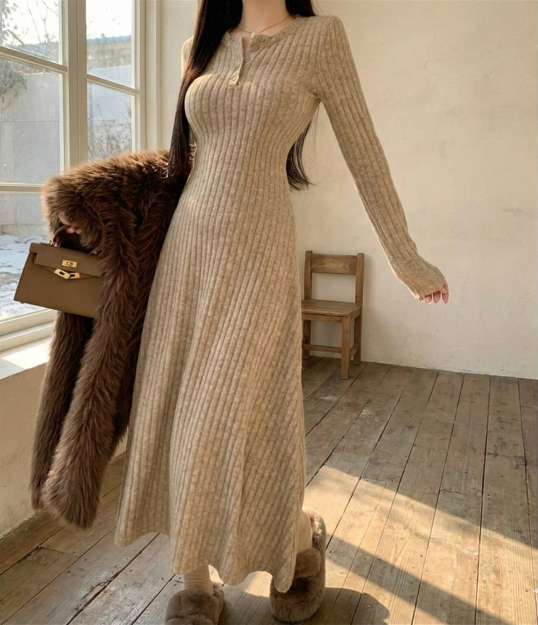 骨格ウェーブ ヘンリーネック 長袖ニットワンピース