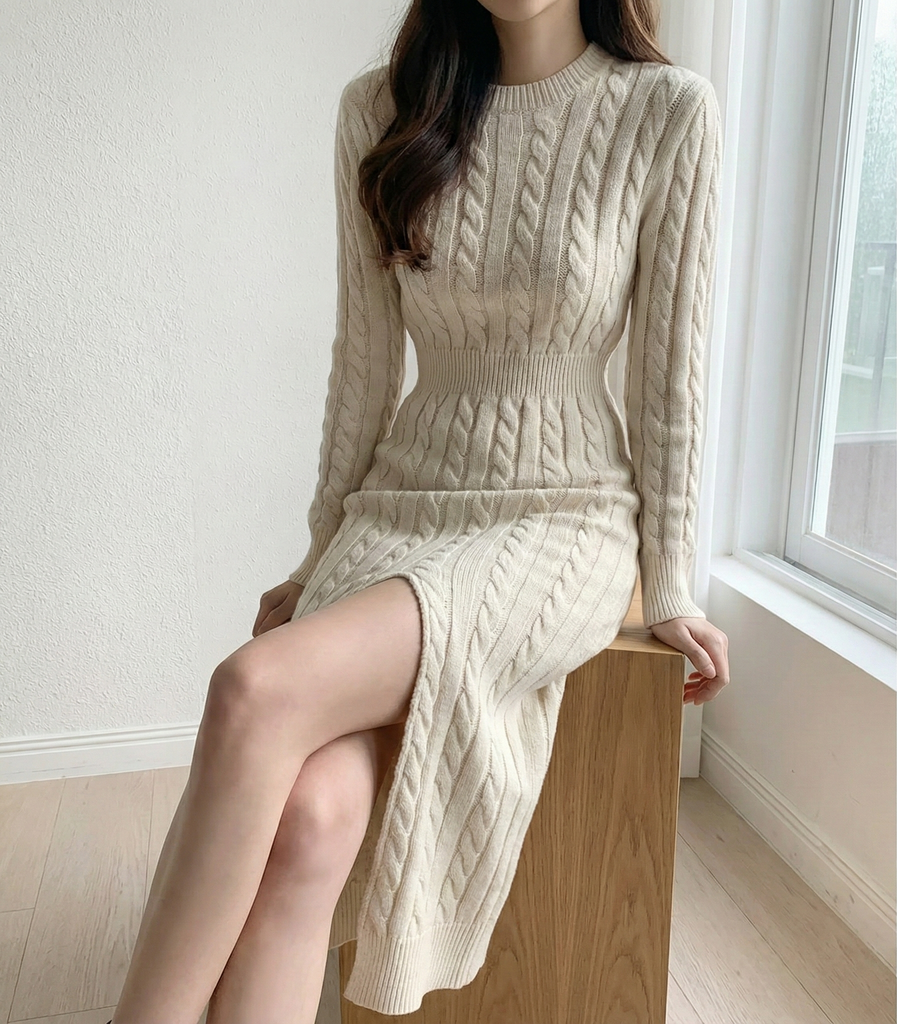 骨格ウェーブ 前後2WAY ケーブルニットワンピース